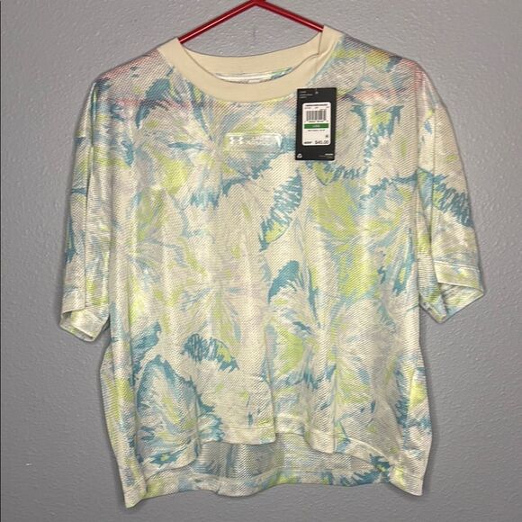NWT New Under Armour Mesh Graphic Tie Dye Print Cropped Tee Shirt Size Large - Picture 1 of 8